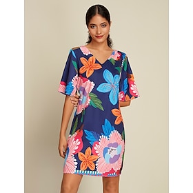 Satin Floral Print Vacation Half Sleeve V Neck Mini Dress