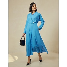 100% Cotton Solid Button Up Casual Maxi Shirt Dress