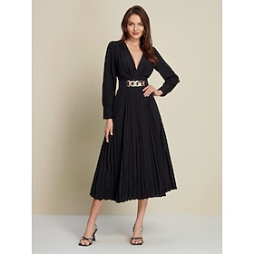 Black Satin Pleated Party/Wedding Guest Deep V Long Sleeve Belted Maxi Dress dress to impress 2024