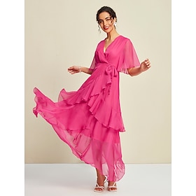 Pink Chiffon Wedding Guest/Party Solid Ruffle Sleeve Elegant Maxi Dress dress to impress 2024