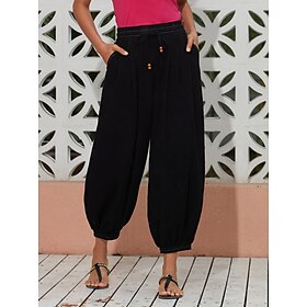 Women's Linen Black Loose Pleated Adjustable Drawstring Dhoti Pants with Pockets